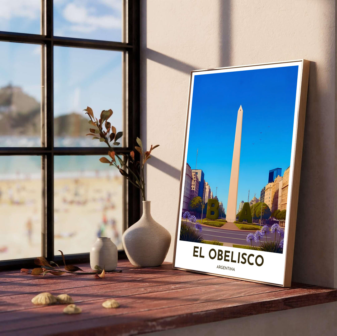 South American landmark poster depicting the iconic obelisk monument in central Buenos Aires framed by city architecture. Created by MapYourDreams, this artwork is adaptable for any interior in unframed prints, solid wooden frames, or gallery canvas wraps.