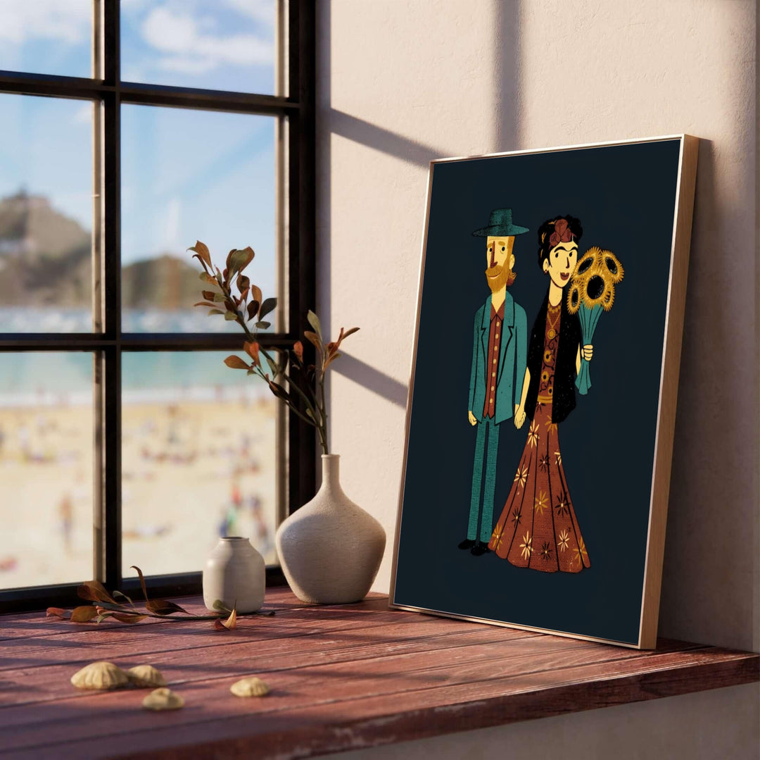 Rare pop art history print of Frida Kahlo And Van Gogh Couple 1939 featuring stylized character designs in Coyoacán, Mexico City. MapYourDreams offers versatile framed wall art, unframed poster prints, and stretched canvas print options for passionate art enthusiasts.