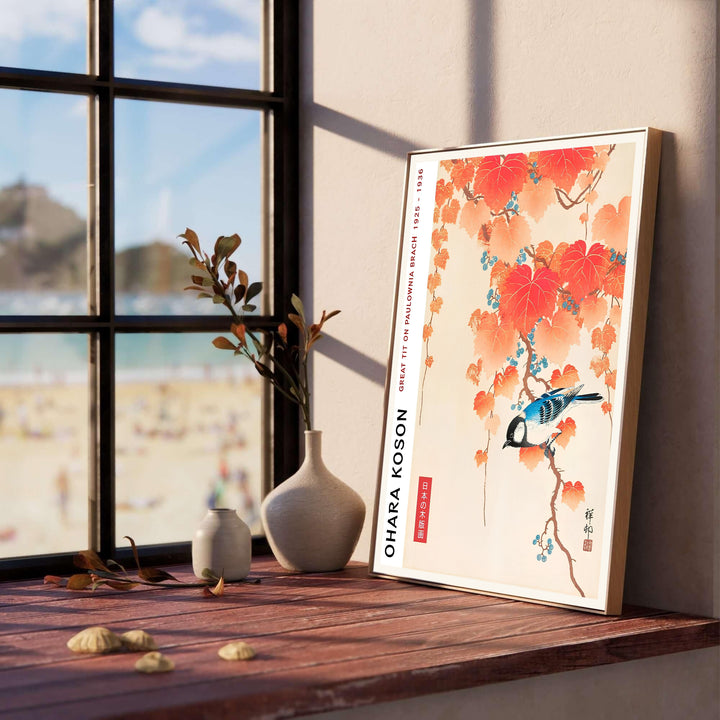 Radiant blue songbird on paulownia branch print by artist Ohara Koson inspired by historic Tokyo Shinobazu Pond exhibitions for living room wall decor. Select custom framed, unframed poster, or gallery canvas choices at MapYourDreams.