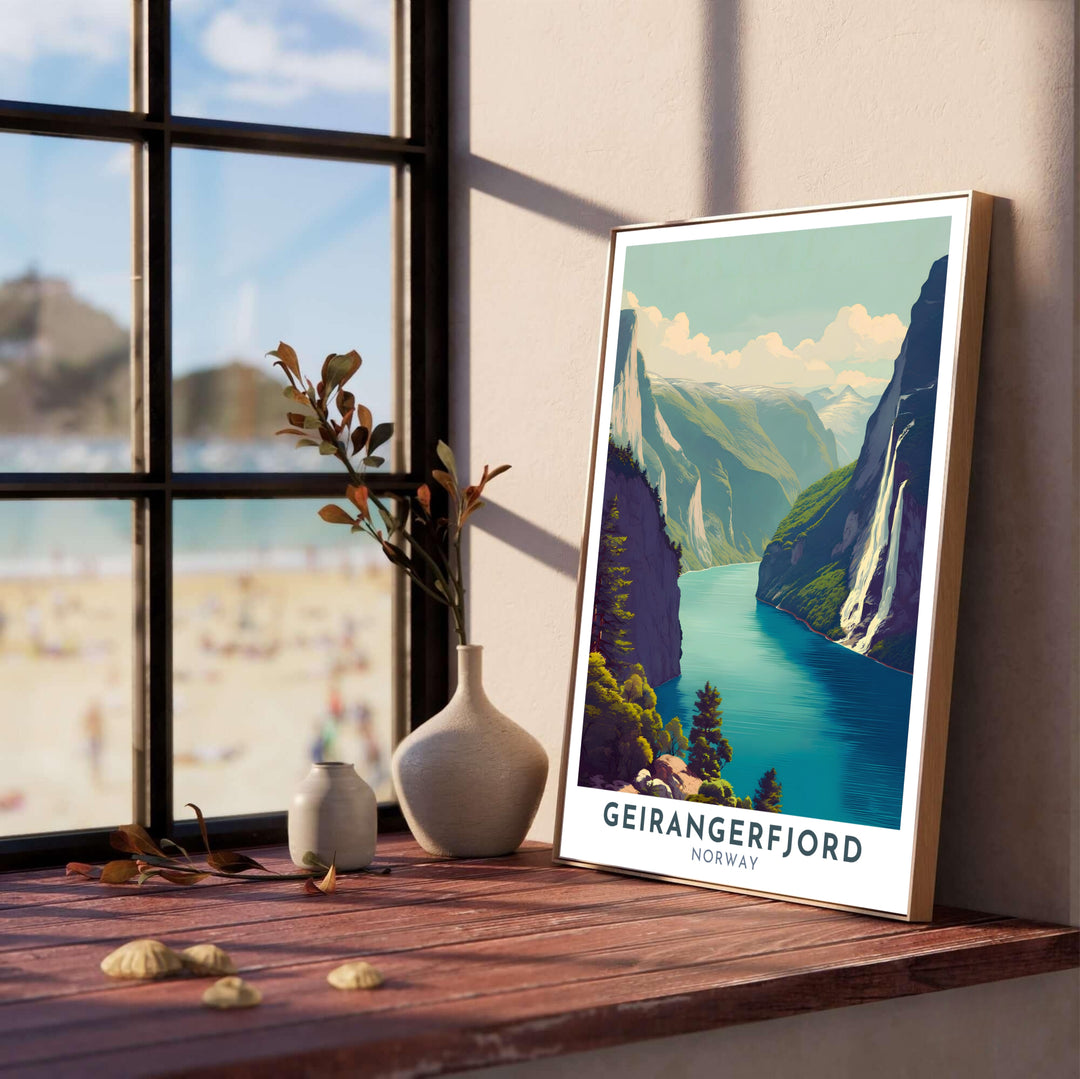 Vintage travel illustration capturing the dramatic Seven Sisters Waterfall plunging into the deep waters of Geirangerfjord Norway. Crafted by MapYourDreams, this stunning nature wall art piece comes in your choice of an unframed archival print, ready to hang framed artwork, or gallery canvas to complement modern interiors.