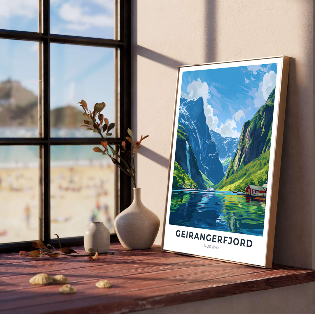 Vibrant travel poster depicting a scenic fjord cruise route in Geirangerfjord Norway with dramatic cliffside waterfalls and snow-dusted mountain summits. Produced by MapYourDreams, this nature artwork offers flexible options such as sleek framed displays, unframed paper prints, and textured gallery wrapped canvas artwork.