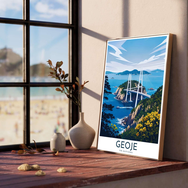 Colorful coastal bridge print of Geoje, South Korea, showcasing white cable-stayed towers rising above blue harbor waters, pine trees, and yellow hillside flowers. Offered by MapYourDreams, this artwork is available in flexible options including unframed paper, custom wooden frames, and gallery canvas wraps.