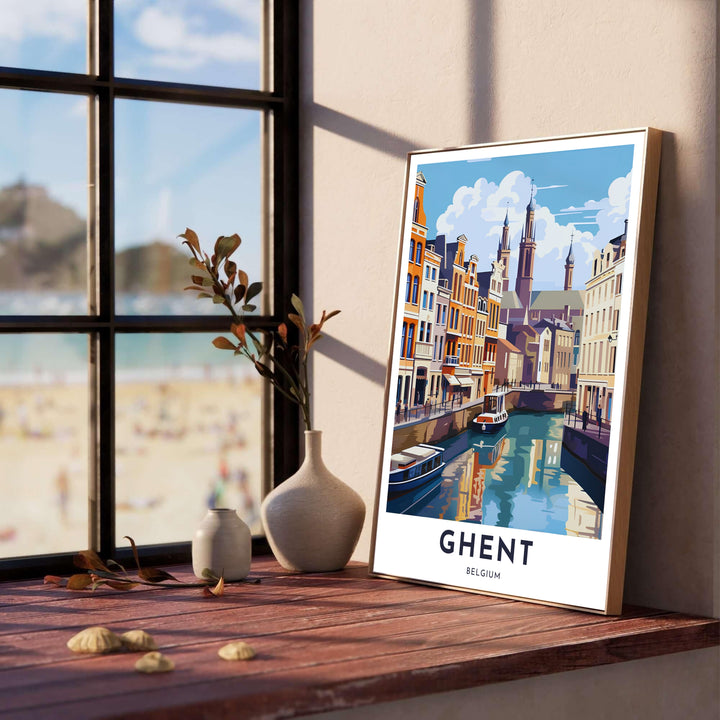 Vertical mid-century travel poster showcasing the historic architecture and canal view of Ghent, Belgium. Offered by MapYourDreams, this artwork is available in flexible options including unframed paper, custom wooden frames, and gallery canvas wraps.