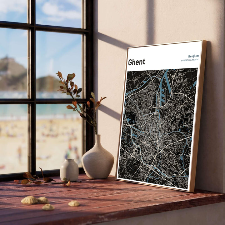 Vertical dark theme city map poster detailing the intricate urban network of Ghent, Belgium. Offered by MapYourDreams, this artwork is available in flexible options including unframed paper, custom wooden frames, and gallery canvas wraps.