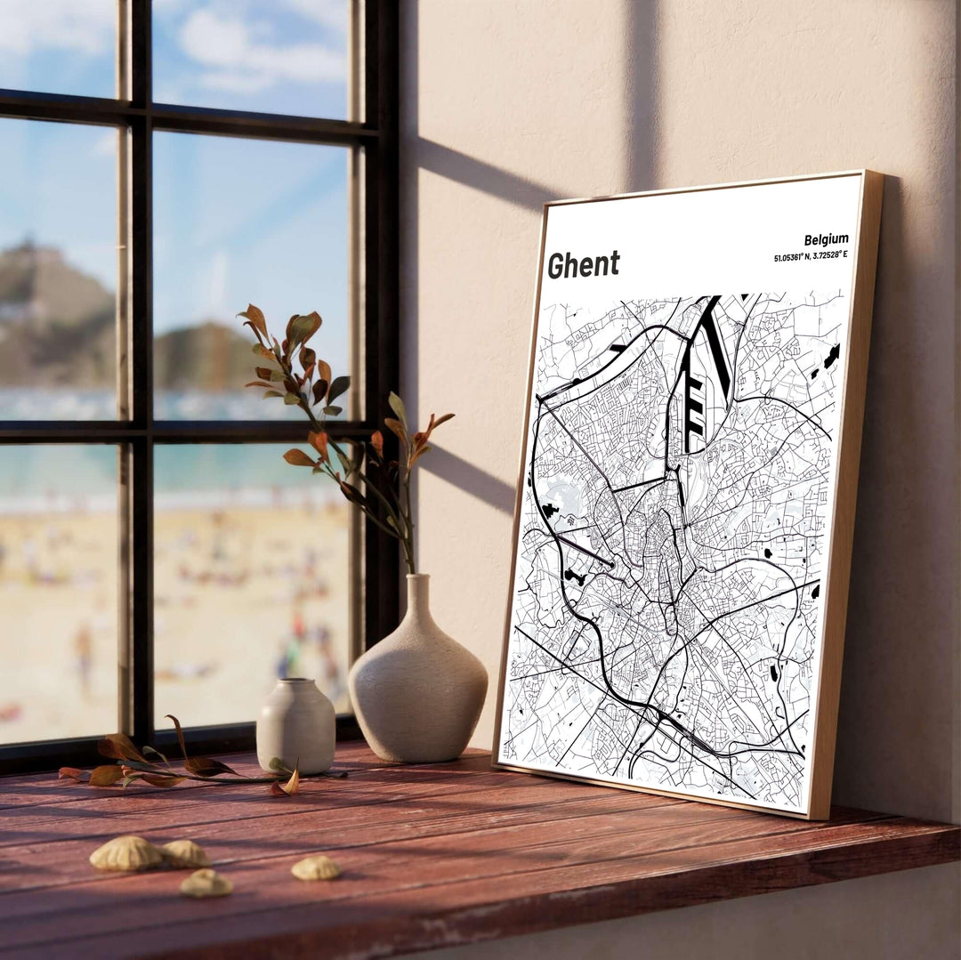 Vertical minimalist city map poster detailing the intricate urban network of Ghent, Belgium. Offered by MapYourDreams, this artwork is available in flexible options including unframed paper, custom wooden frames, and gallery canvas wraps.
