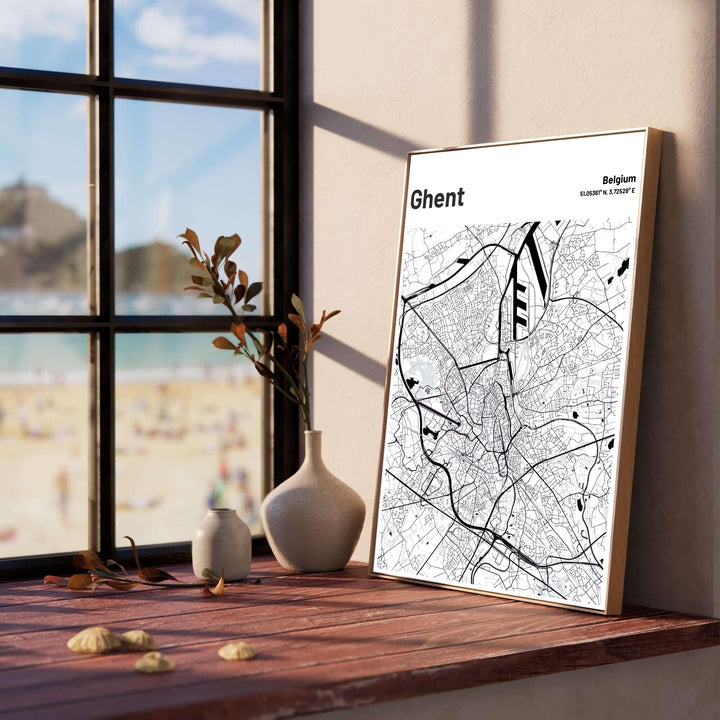 Vertical minimalist city map poster detailing the intricate urban network of Ghent, Belgium. Offered by MapYourDreams, this artwork is available in flexible options including unframed paper, custom wooden frames, and gallery canvas wraps.