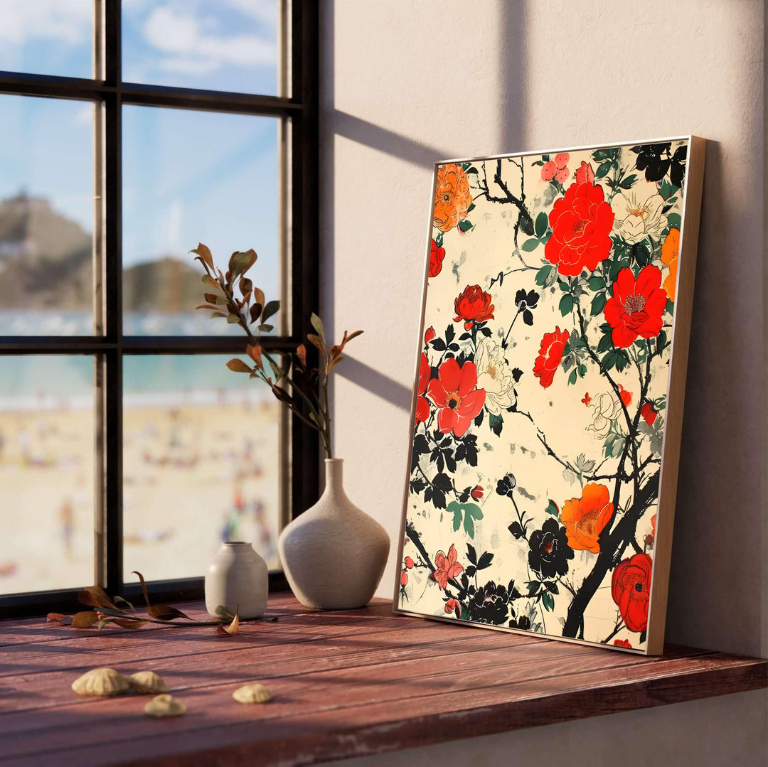 Dynamic Japanese botanical print by artist Katsushika Hokusai inspired by historic Tokyo Koishikawa Botanical Gardens for living room wall decor. Select custom framed, unframed poster, or gallery canvas choices at MapYourDreams.