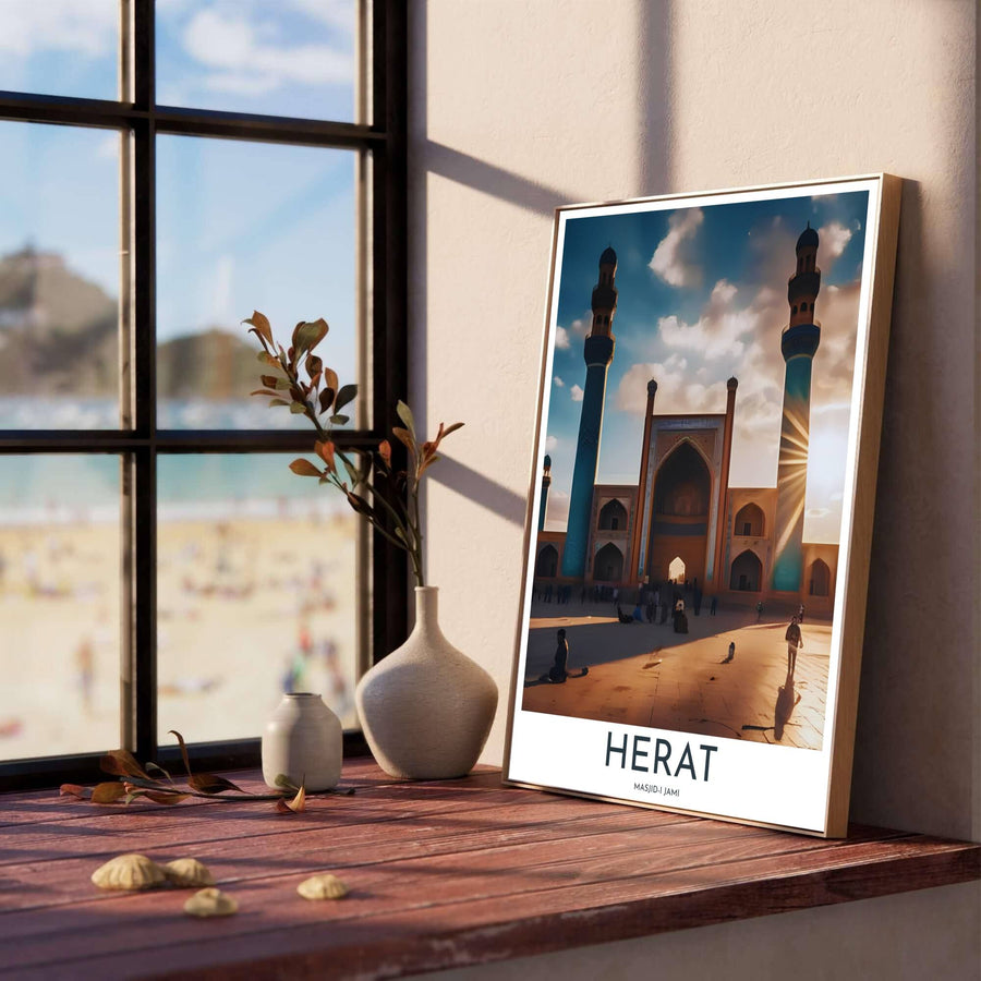 Architectural travel poster of the historic Great Mosque of Herat set against a dramatic cloud-filled sunset sky. Designed by MapYourDreams, this artwork is available in flexible options including unframed paper, custom wooden frames, and gallery canvas wraps for home wall art.