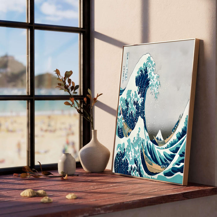 Dramatic ocean wave print by artist Katsushika Hokusai inspired by historic Mount Fuji view points off Kanagawa for living room wall decor. Select custom framed, unframed poster, or gallery canvas choices at MapYourDreams.