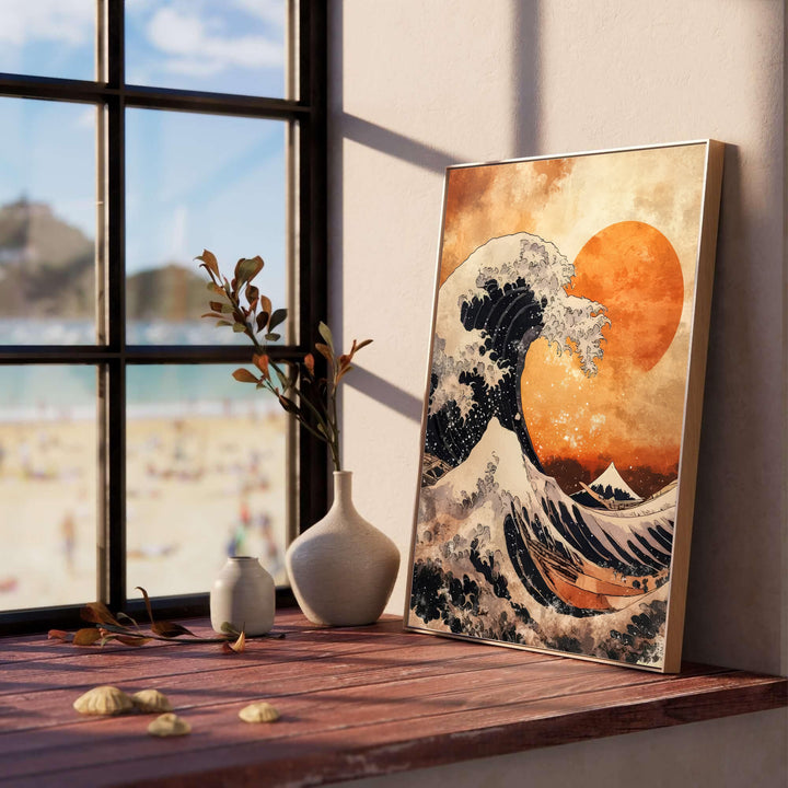 Dramatic sunset ocean wave print by artist Katsushika Hokusai inspired by historic Mount Fuji views off Kanagawa for living room wall decor. Select custom framed, unframed poster, or gallery canvas choices at MapYourDreams.