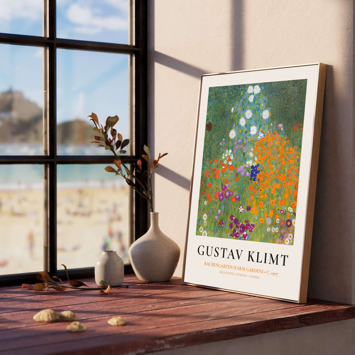 Scenic floral garden poster print of Gustav Klimt Bauerngarten Farm Garden 1907 set in the Belvedere Museum collection in Vienna, Austria. MapYourDreams features high-quality framed wall decor, unframed prints, and stretched canvas options ideal for bedroom wall decoration.
