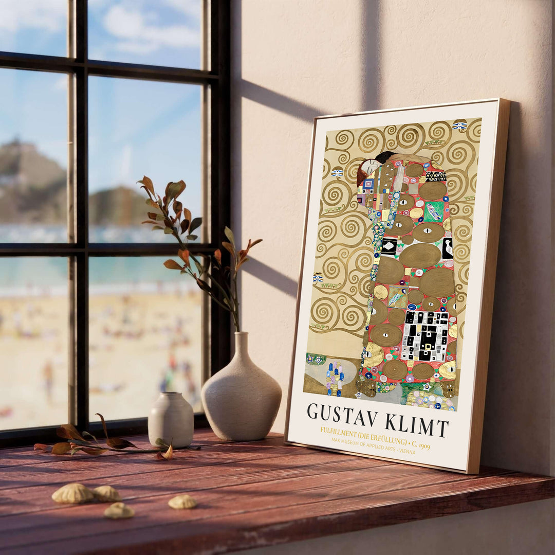 Vienna Secession mosaic poster of Gustav Klimt Fulfillment Die Erfüllung 1909 showcasing geometric robe patterns from the Palais Stoclet in Brussels Belgium. MapYourDreams offers fine framed prints, unframed paper posters, and stretched canvas art prints ideal for master bedroom wall decoration.
