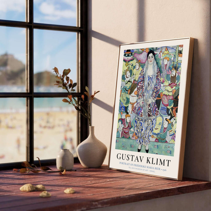 Wiener Werkstätte fashion portrait poster of Gustav Klimt Portrait Of Friederike Maria Beer 1916 showing complex textile patterns from Tel Aviv Museum of Art in Israel. MapYourDreams offers framed prints, unframed paper posters, and stretched canvas art prints for maximalist interior design.