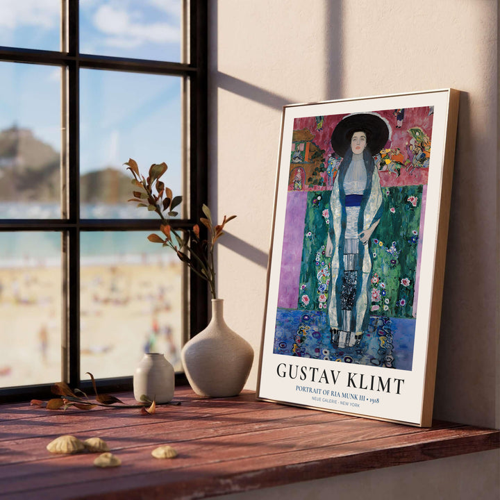 Fine art floral wall decor poster of Gustav Klimt Portrait Of Ria Munk III 1918 showcasing a wide brimmed hat and fur trim dress from Neue Galerie New York. MapYourDreams supplies custom framed paper prints, unframed wall posters, and gallery stretched canvas art for modern rooms.