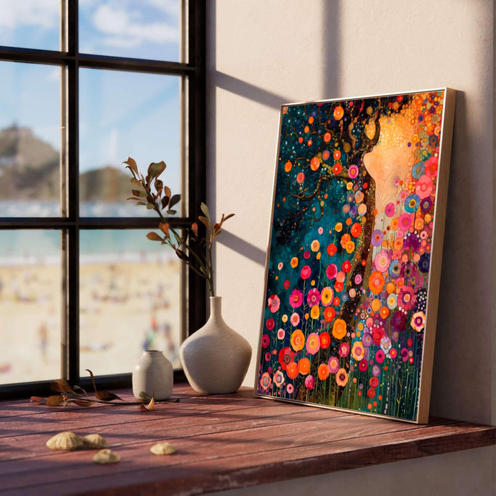 Art Nouveau nature print of Gustav Klimt Style Dream Of Flowers showing a rich foreground of coral, pink, and orange blossoms. MapYourDreams offers framed prints, unframed paper posters, and stretched canvas art prints for maximalist, bohemian, and modern eclectic interior spaces.