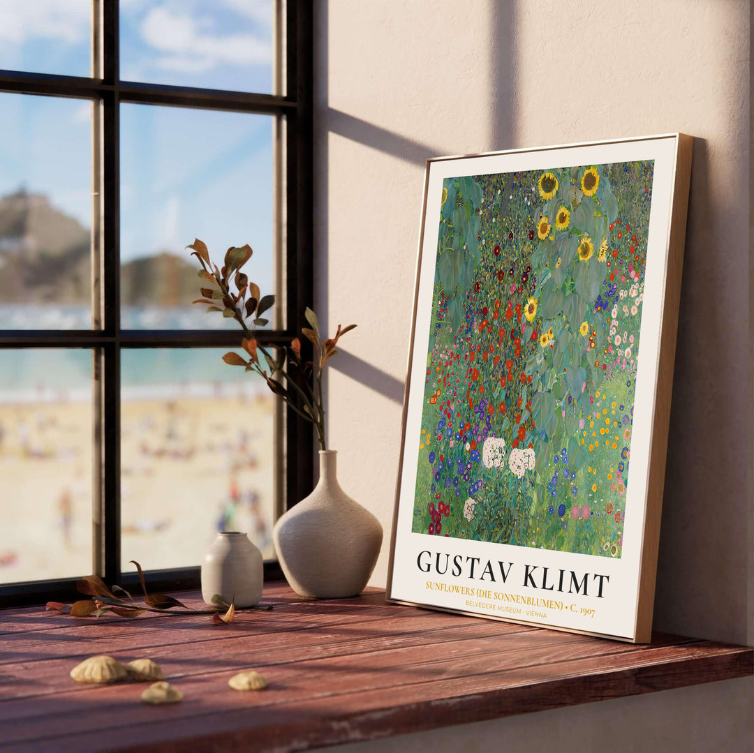 Vintage exhibition museum poster of Gustav Klimt Sunflowers Die Sonnenblumen 1907 housed at Belvedere Museum Vienna with classic border typography. Choose custom framed wall art, unframed paper poster prints, or gallery canvas formats at MapYourDreams for a refined living room focus.