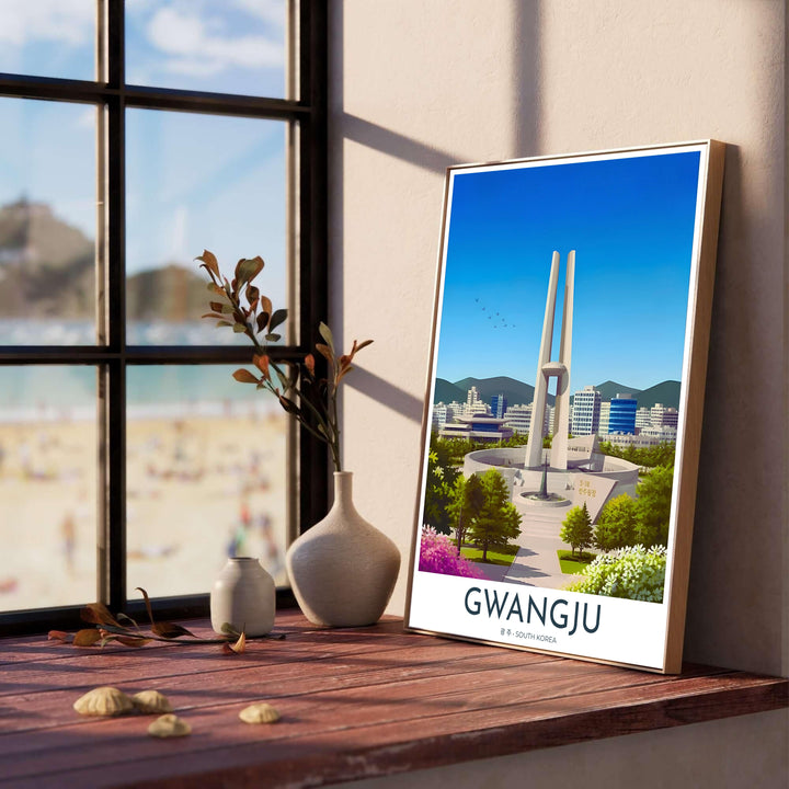 Panoramic Korean city print depicting the May 18 Memorial Park in Gwangju, South Korea, featuring pink azaleas, lush green foliage, and mid-rise city buildings under a bright sky. Offered by MapYourDreams, this artwork is available in flexible options including unframed paper, custom wooden frames, and gallery canvas wraps.