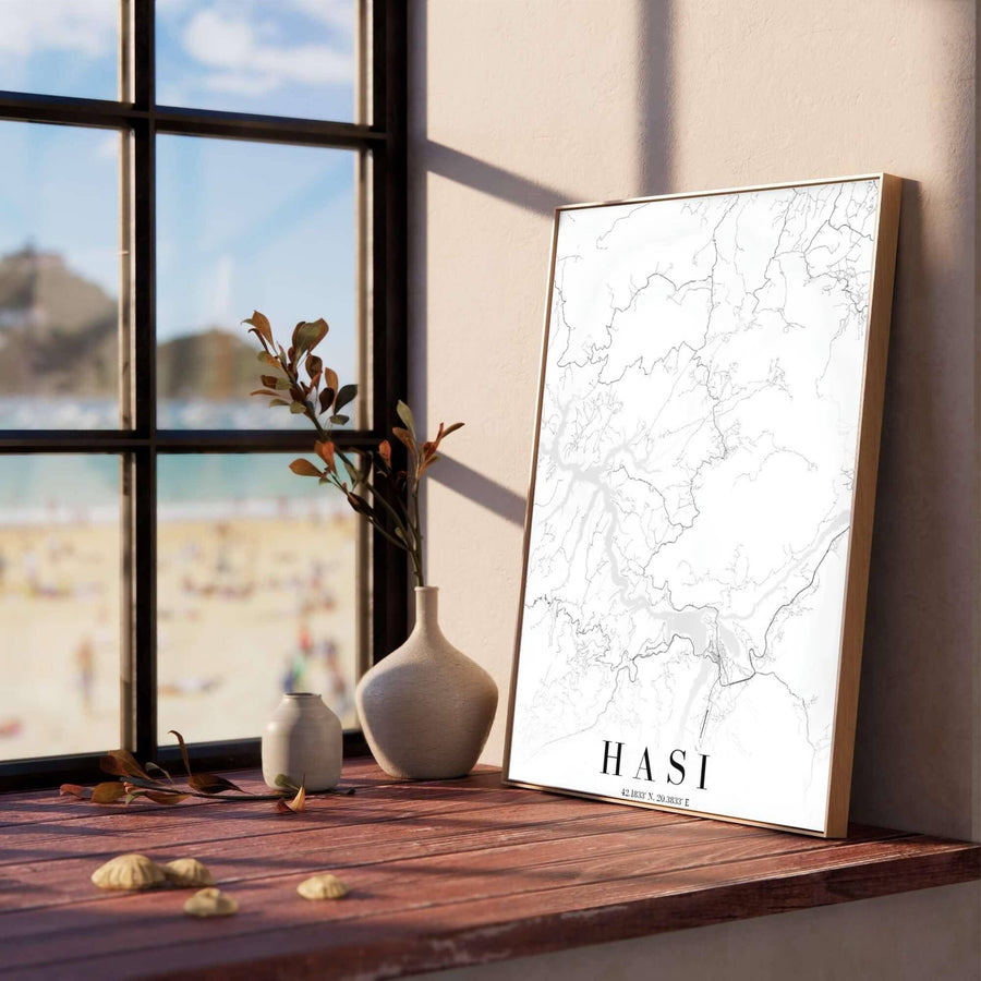 Intricate road lines and mountain elevation routes form an artistic abstract map of Has, Albania, perfect for modern offices or living rooms. Offered in versatile formats, including unframed art paper, custom wood framing, and stretched canvas wraps.