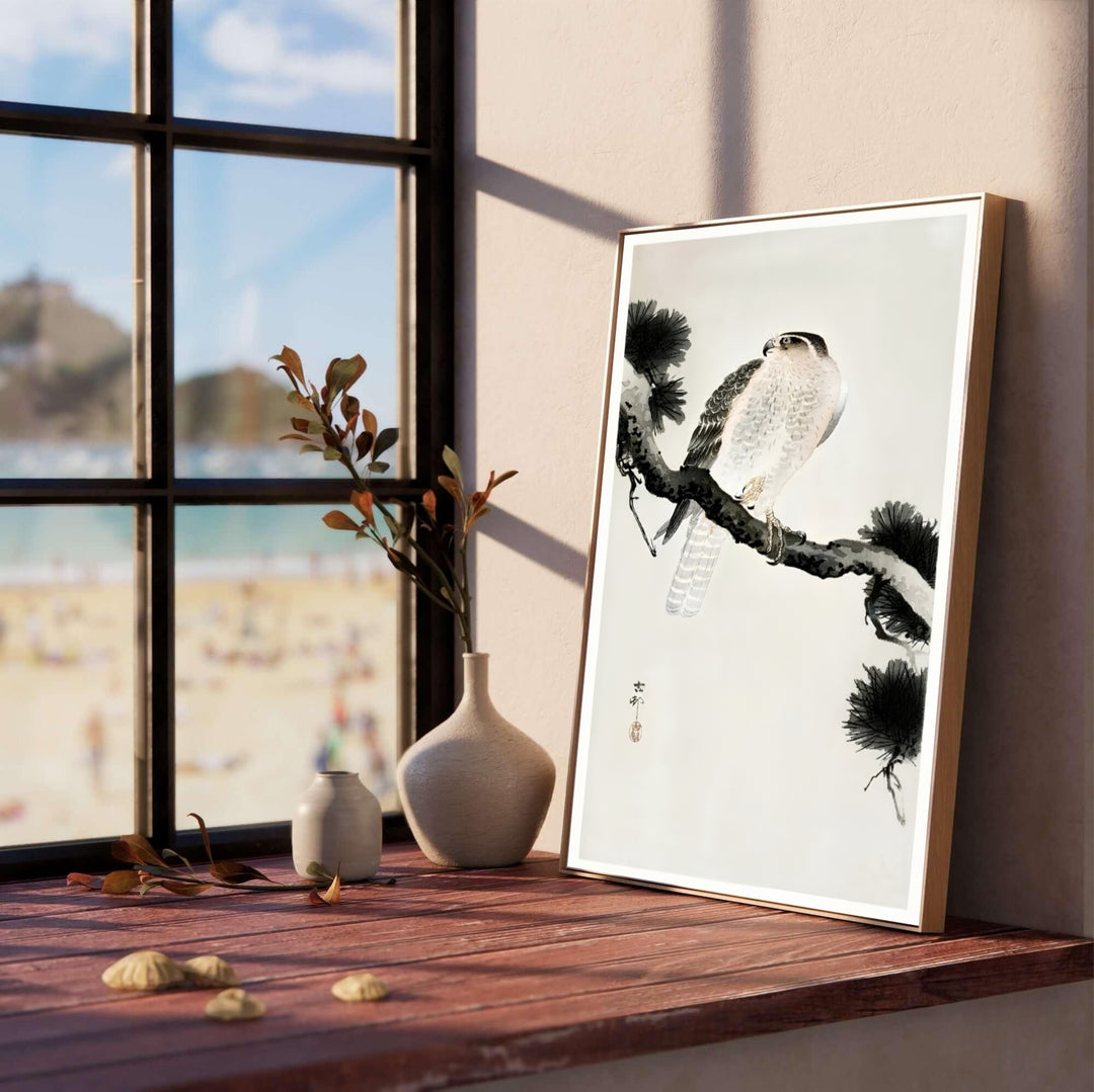 Majestic bird of prey on pine branch print by artist Ohara Koson inspired by historic Tokyo Ueno Park archives for office wall decor. Select custom framed, unframed poster, or gallery canvas choices at MapYourDreams.