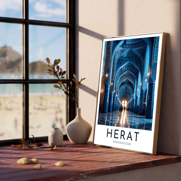 Exhibition Islamic architecture print of Herat Blue Mosque Afghanistan with bold typography and white borders, offered by MapYourDreams as an unframed art poster, stretched canvas print wall art, or custom framed print in retro black and natural frames for study spaces.