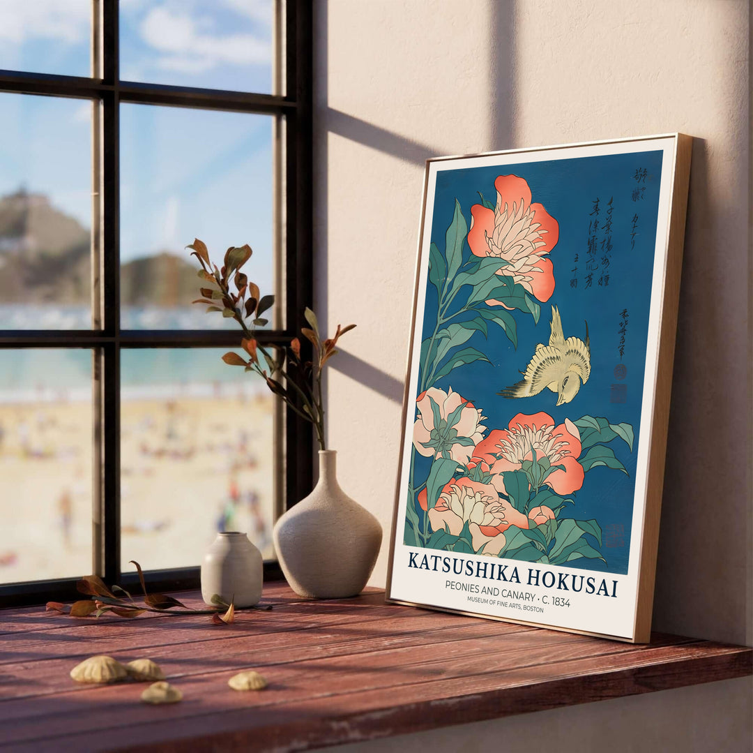 Dramatic teal blue botanical print Peonies and Canary by artist Katsushika Hokusai inspired by historic kacho-ga art in Boston for living room wall decor. Select custom framed, unframed poster, or gallery canvas choices at MapYourDreams.