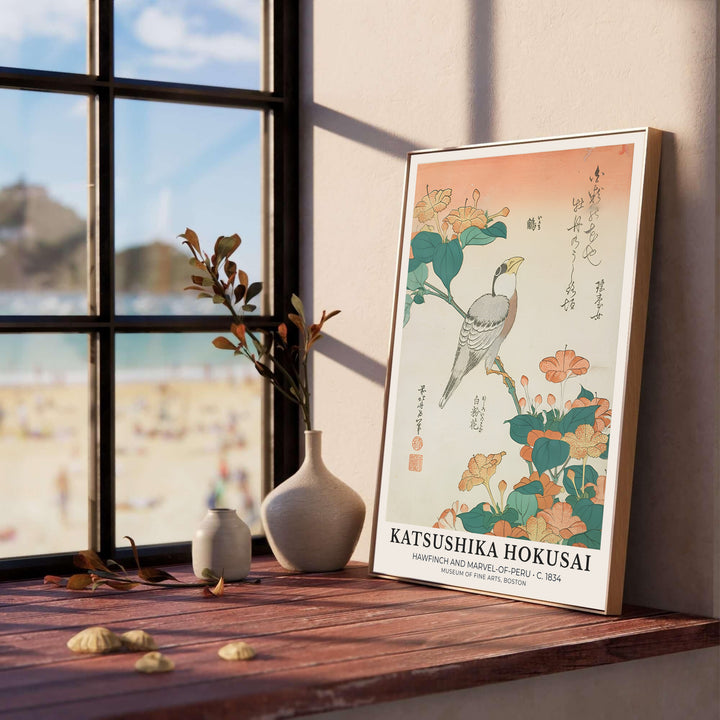 Gentle peach background kacho-ga print Hawfinch and Marvel-of-Peru by artist Katsushika Hokusai inspired by 1834 art in Boston for living room wall decor. Select custom framed, unframed poster, or gallery canvas choices at MapYourDreams.