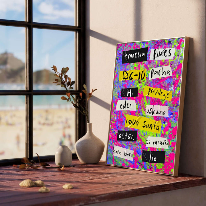 Vibrant electronic music venue artwork depicting legendary nightclub names taped over dynamic paint splatters in Ibiza, Spain, provided by MapYourDreams where buyers can select an unframed poster, gallery wrapped canvas print, or custom framed wall art for studio spaces.