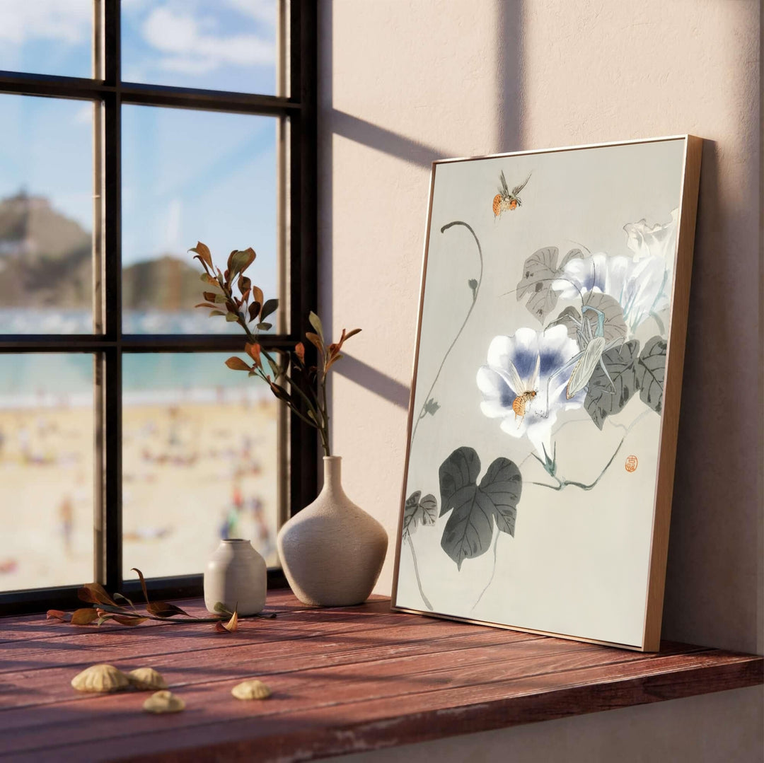 Delicate bindweed blosson and bee print by artist Ohara Koson inspired by historic Tokyo Shinobazu Pond exhibitions for living room wall decor. Select custom framed, unframed poster, or gallery canvas choices at MapYourDreams.