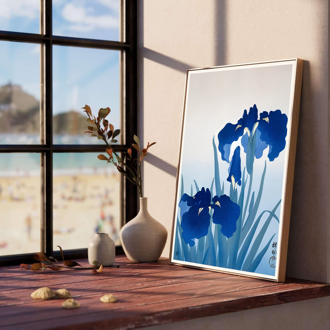 Vibrant blue iris flower print by artist Ohara Koson inspired by historic Tokyo Nezu Museum gardens for living room wall decor. Select custom framed, unframed poster, or gallery canvas choices at MapYourDreams.