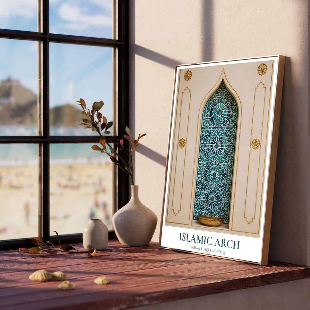 Elegant Moorish tilework art print depicting a turquoise blue zellij archway with brass gold star medallions and cream moldings. Designed by MapYourDreams, this artwork is available in flexible options including unframed paper, custom wooden frames, and gallery canvas wraps for home wall art.
