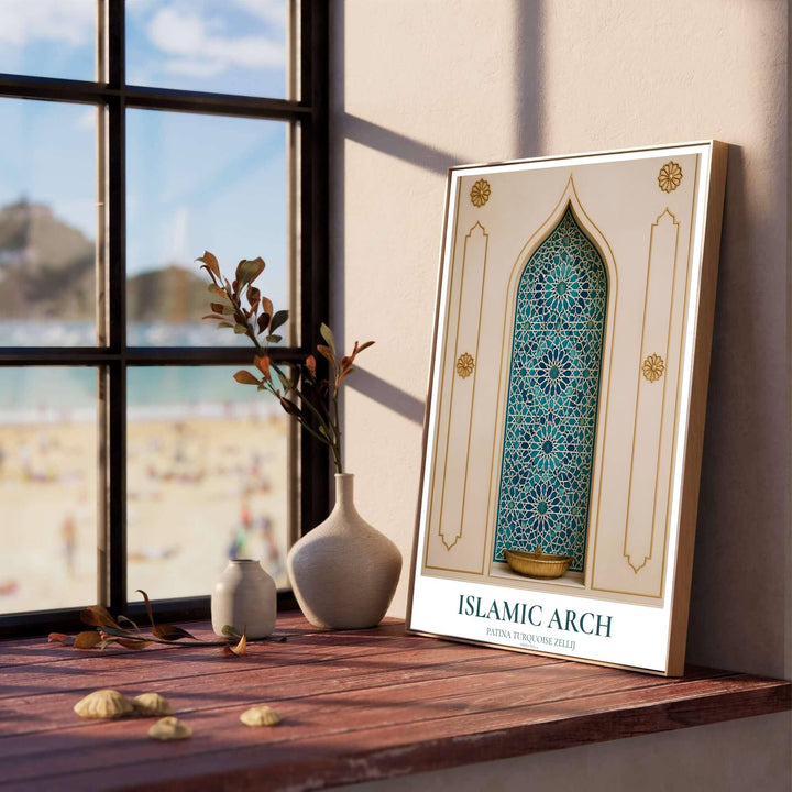 Elegant Moorish tilework art print depicting a turquoise blue zellij archway with brass gold star medallions and cream moldings. Designed by MapYourDreams, this artwork is available in flexible options including unframed paper, custom wooden frames, and gallery canvas wraps for home wall art.