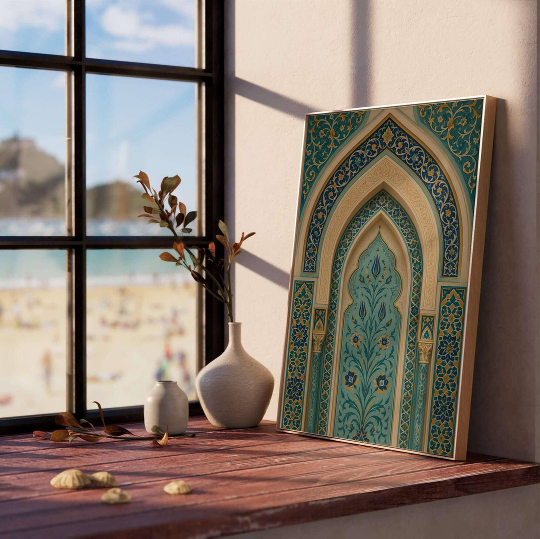 Symmetrical architectural photography poster featuring an Islamic arch with turquoise tulip tilework and decorative column details. Produced by MapYourDreams, this artwork is available in flexible options including unframed paper, custom wooden frames, and gallery canvas wraps for office wall decor.