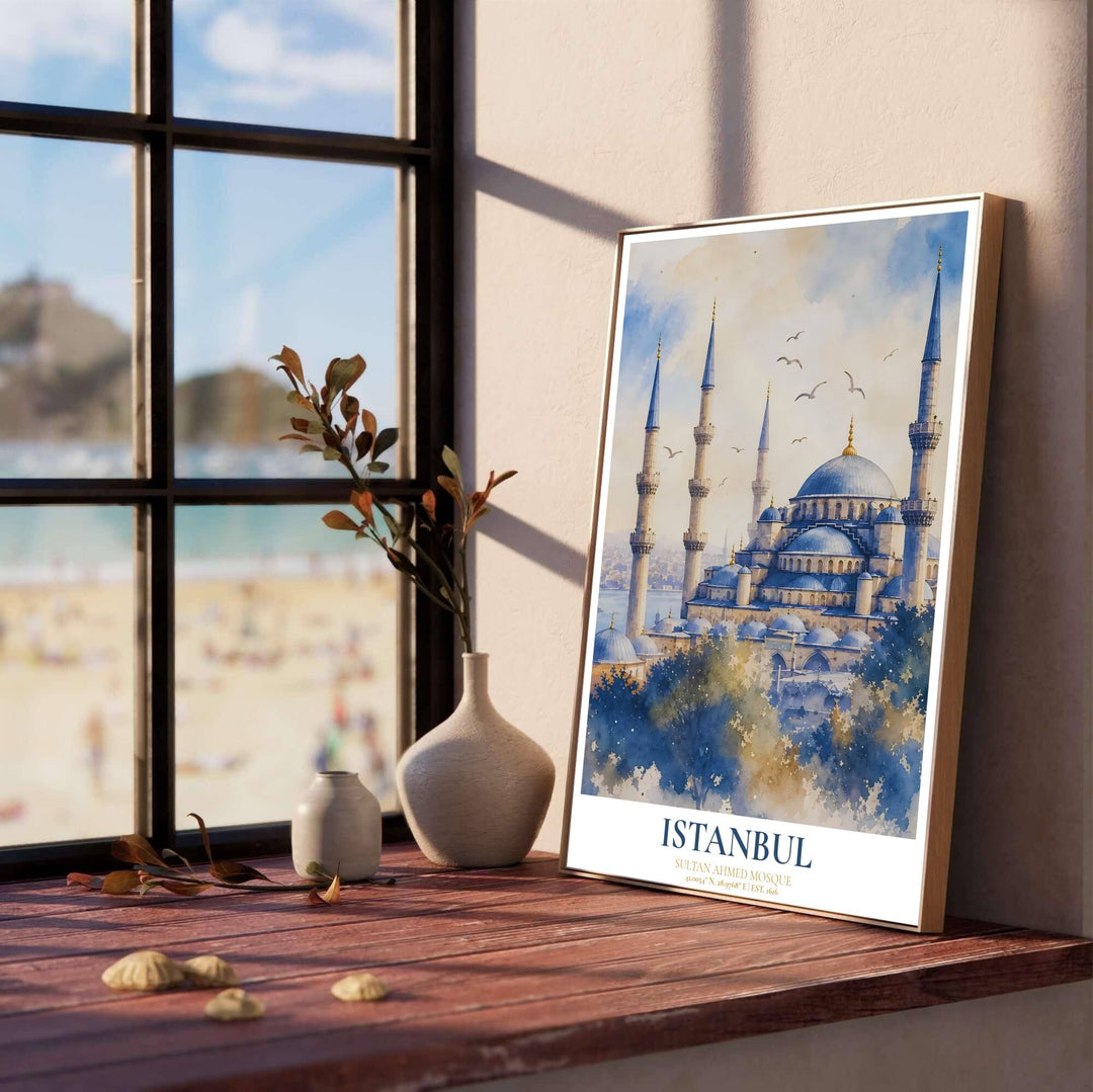 Soft sunset watercolor print of the iconic Blue Mosque in Istanbul Turkey with soaring minarets and flying seagulls. Designed by MapYourDreams, this artwork is available in flexible options including unframed paper, custom wooden frames, and gallery canvas wraps for home wall art.