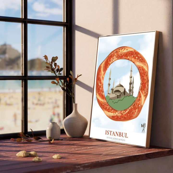 Scenic Turkish culinary poster of Istanbul Blue Mosque rendered in a creative toasted sesame simit vector aesthetic. Developed by MapYourDreams, this artwork is available in flexible options including unframed paper, custom wooden frames, and gallery canvas wraps for hallway wall decor.