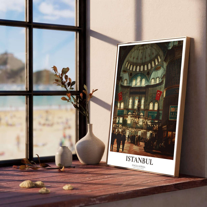 Warm amber lighting print of the iconic Hagia Sophia interior in Istanbul Turkey featuring visitors admiring the soaring dome. Designed by MapYourDreams, this artwork is available in flexible options including unframed paper, custom wooden frames, and gallery canvas wraps for home wall art.