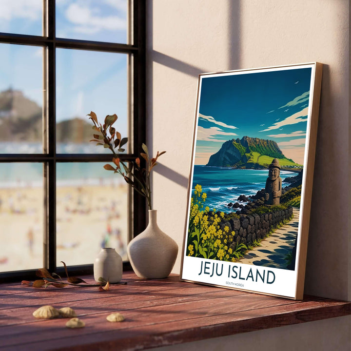 Atmospheric South Korea travel print presenting Seongsan Ilchulbong on Jeju Island, with a traditional stone grandfather statue standing guard along a paved stone coastal pathway. Offered by MapYourDreams, this artwork is available in flexible options including unframed paper, custom wooden frames, and gallery canvas wraps.