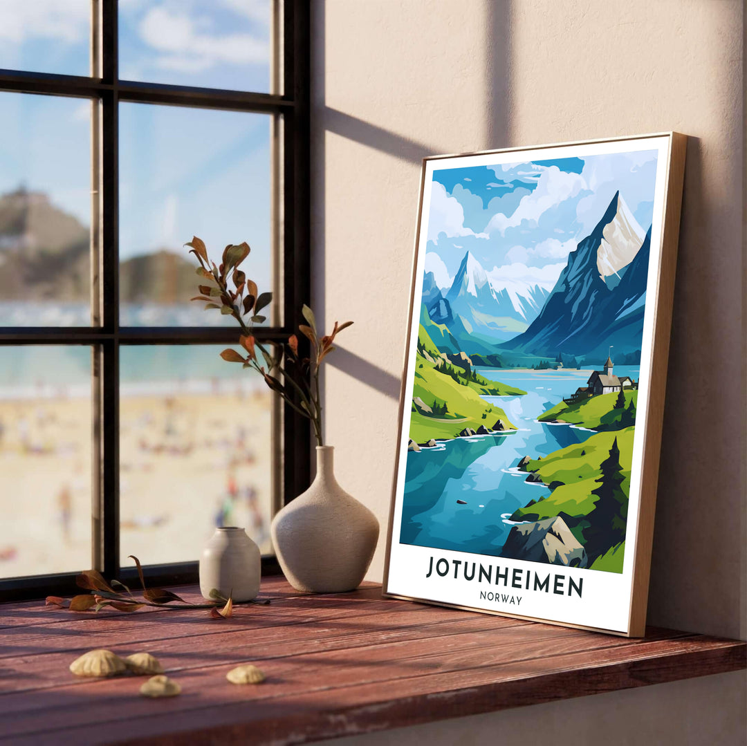 Vibrant travel poster depicting the untouched alpine wilderness of Jotunheimen Norway with towering snow-dusted summits and pine trees. Produced by MapYourDreams, this nature artwork provides options such as sleek framed displays, unframed paper prints, and textured gallery wrapped canvas artwork.
