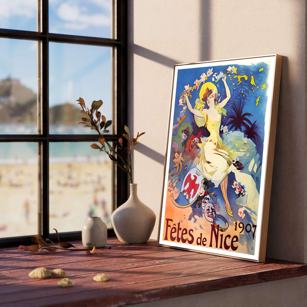 Historic French festival poster Fêtes De Nice by artist Jules Chéret from 1907 showcasing carnival masks set in Nice France on the French Riviera. Select framed, unframed poster, or gallery canvas choices at MapYourDreams.