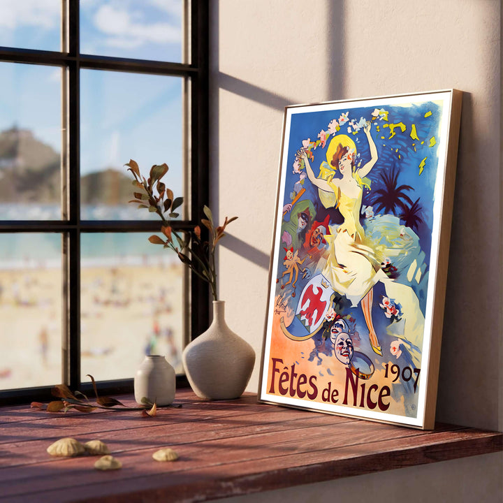 Historic French festival poster Fêtes De Nice by artist Jules Chéret from 1907 showcasing carnival masks set in Nice France on the French Riviera. Select framed, unframed poster, or gallery canvas choices at MapYourDreams.