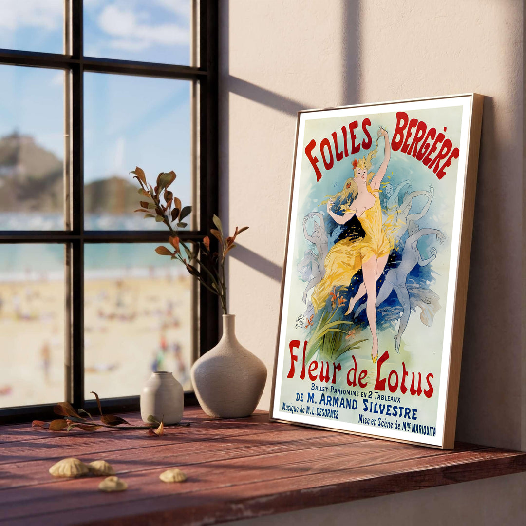 French travel and theater advertisement poster Folies Bergère Fleur De Lotus by artist Jules Chéret depicting a Chérette figure in Paris France. MapYourDreams supplies framed, unframed, and canvas poster options for wall decor.