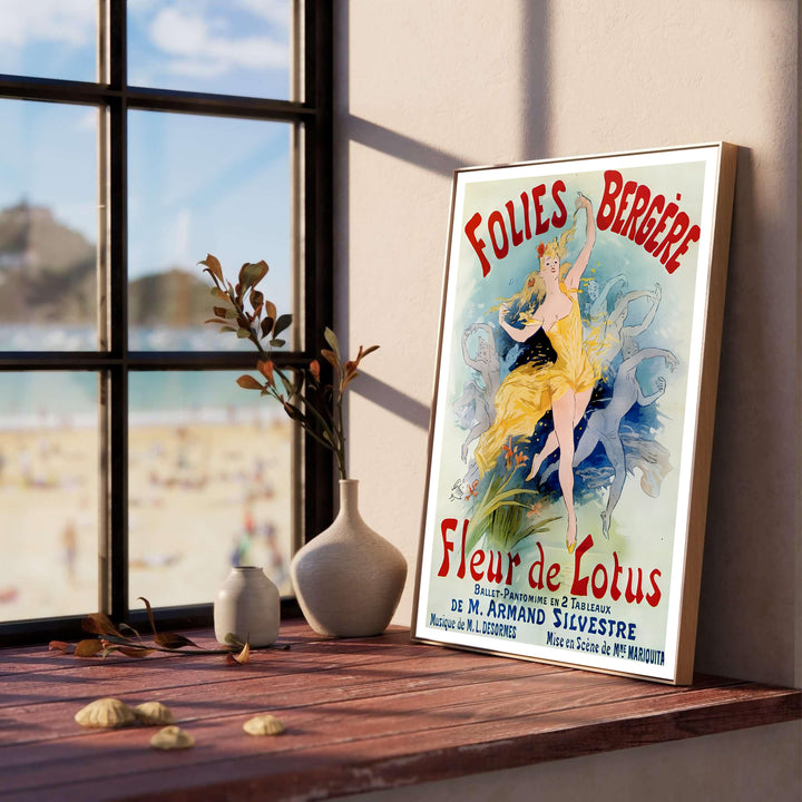 French travel and theater advertisement poster Folies Bergère Fleur De Lotus by artist Jules Chéret depicting a Chérette figure in Paris France. MapYourDreams supplies framed, unframed, and canvas poster options for wall decor.