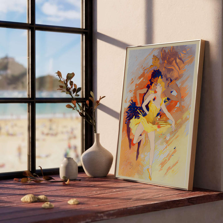 Jules Chéret French fine art poster La Danse by artist Jules Chéret featuring warm yellow and violet tones in Paris France. MapYourDreams features high-quality framed, unframed, and stretched canvas print choices.