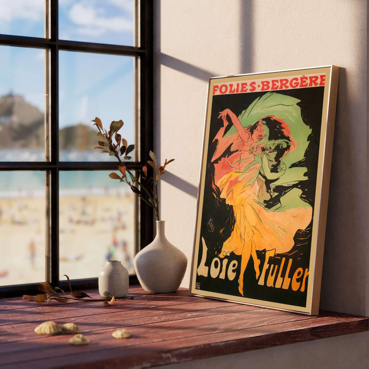Jules Chéret French theater advertisement poster Loïe Fuller Folies Bergère by artist Jules Chéret featuring red typography in Paris France. MapYourDreams features high-quality framed, unframed, and stretched canvas print choices.