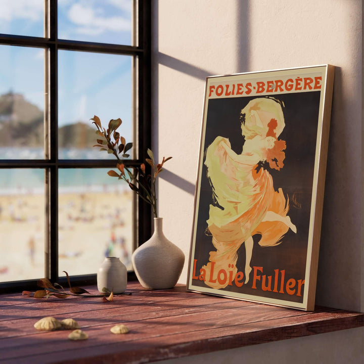 Jules Chéret French theater advertisement poster La Loïe Fuller Folies Bergère by artist Jules Chéret featuring red typography in Paris France. MapYourDreams features high-quality framed, unframed, and stretched canvas print choices.