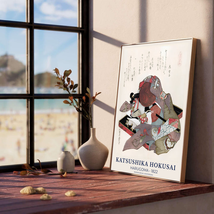 Detailed Japanese calligraphy and poetry print by artist Katsushika Hokusai showcasing a Harugoma horse from a museum exhibit in Amsterdam. MapYourDreams offers fine art framed, unframed, and canvas print options.