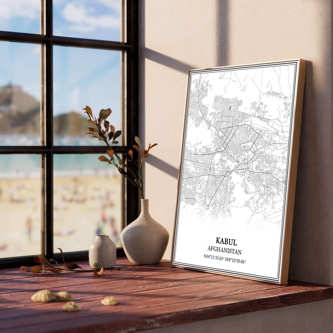 Minimalist geographic line map print of Kabul Afghanistan with double border matting and latitude and longitude typography, offered by MapYourDreams as an unframed fine art poster, stretched canvas print wall art, or custom framed print in retro black and natural frames for study spaces.