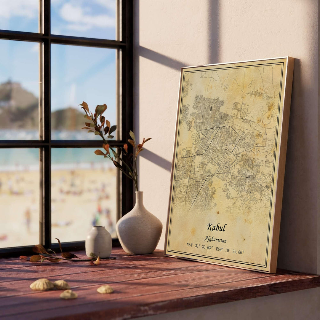 High contrast sepia vector map poster of Kabul city infrastructure and aged parchment backgrounds in Afghanistan, presented by MapYourDreams with selection options for an unframed paper print, museum canvas wall decor, or framed poster in grey, bronze, and gold frame options.