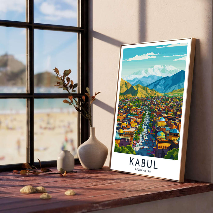 Mid-century illustrated cityscape poster of Kabul Afghanistan showcasing vibrant turquoise domes and sunny Hindu Kush mountain vistas, produced by MapYourDreams as an unframed print, stretched canvas decor, or custom framed wall decor in pure gold, white, and silver frames for living room walls.