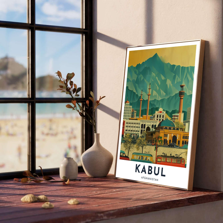 Vintage-style poster of Kabul, Afghanistan, depicting historical city streets nestled below majestic mountain peaks. Crafted by MapYourDreams as an unframed poster, a gallery-wrapped canvas print, or a custom framed print in retro black and retro white frames for cozy living room spaces.