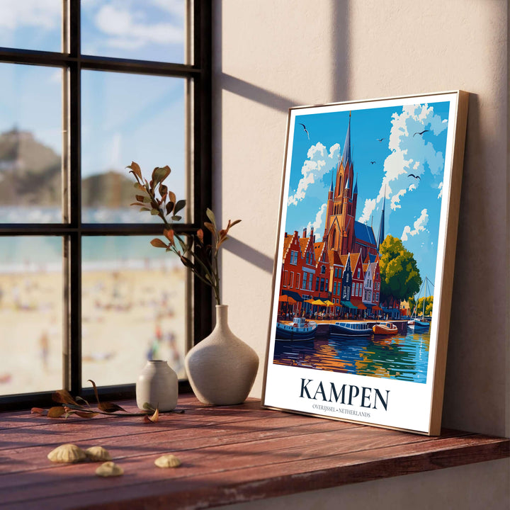 Vibrant vector travel print displaying the waterfront skyline and Bovenkerk church in Kampen Overijssel Netherlands, presented by MapYourDreams with choices including a fine art unframed poster, gallery wrapped canvas, or custom frames in pure gold, retro black, and silver finishes.
